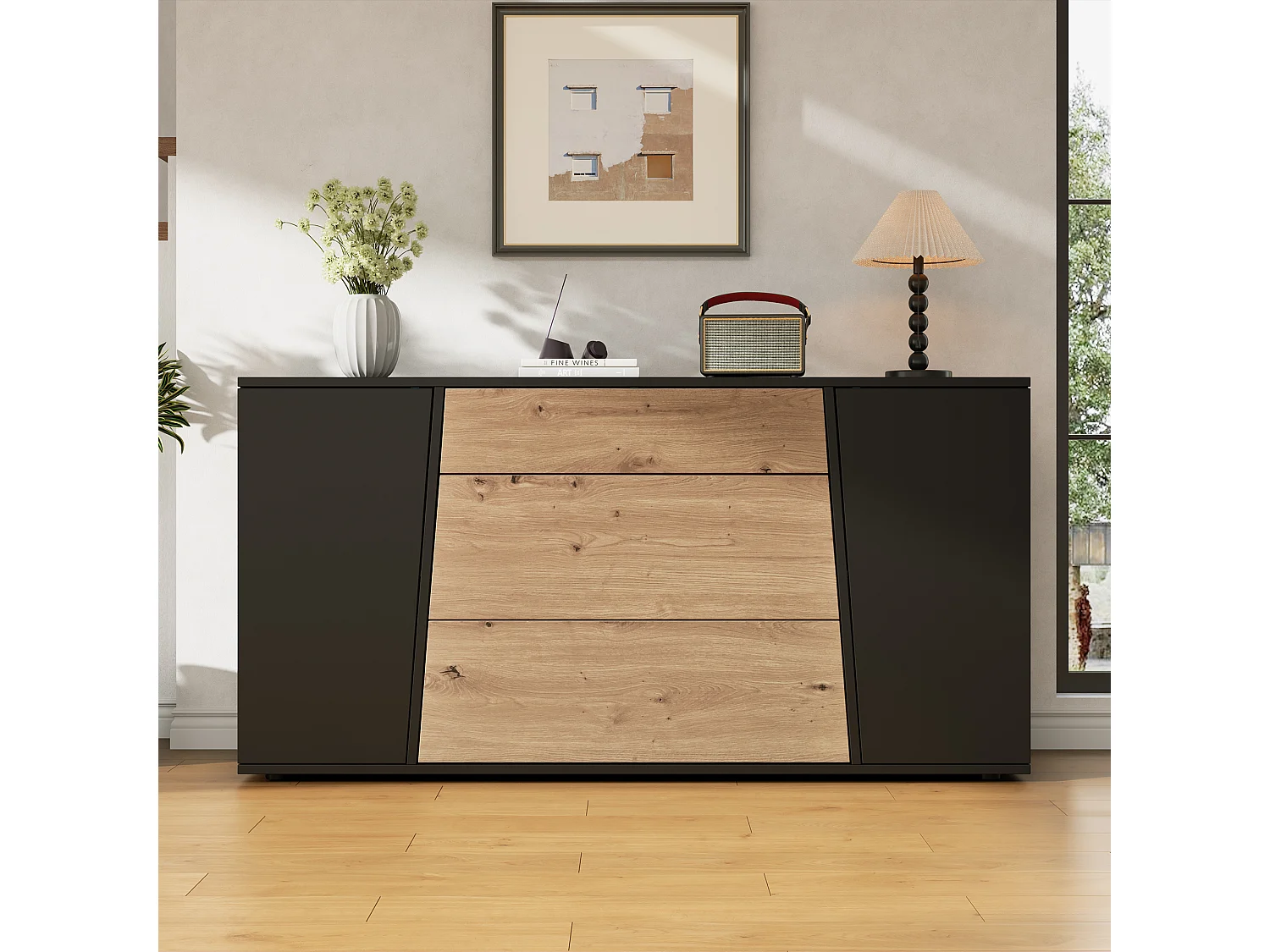 Buffet moderne 140 x 35 x 70 cm - Avec plateau - 3 tiroirs et 2 portes - Étagères réglables - MDF - Noir + Naturel