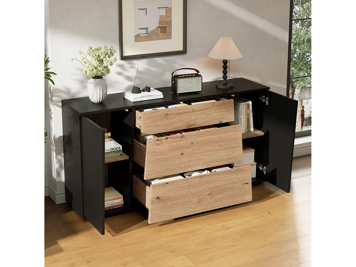 Buffet moderne 140 x 35 x 70 cm - Avec plateau - 3 tiroirs et 2 portes - Étagères réglables - MDF - Noir + Naturel