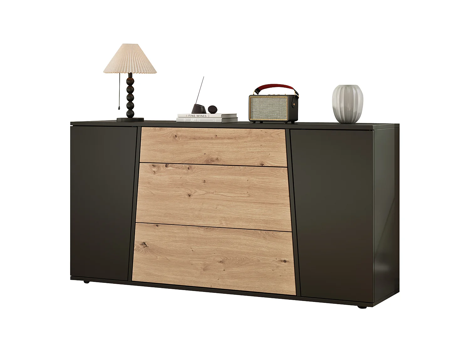Buffet moderne 140 x 35 x 70 cm - Avec plateau - 3 tiroirs et 2 portes - Étagères réglables - MDF - Noir + Naturel