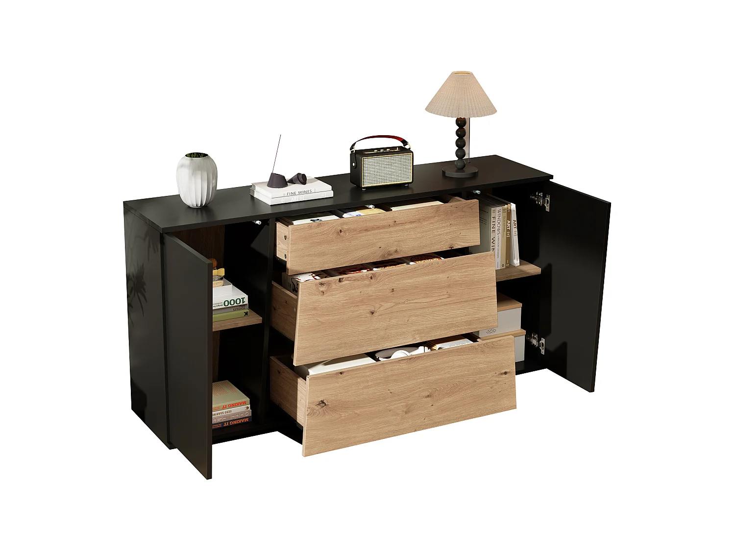 Buffet moderne 140 x 35 x 70 cm - Avec plateau - 3 tiroirs et 2 portes - Étagères réglables - MDF - Noir + Naturel