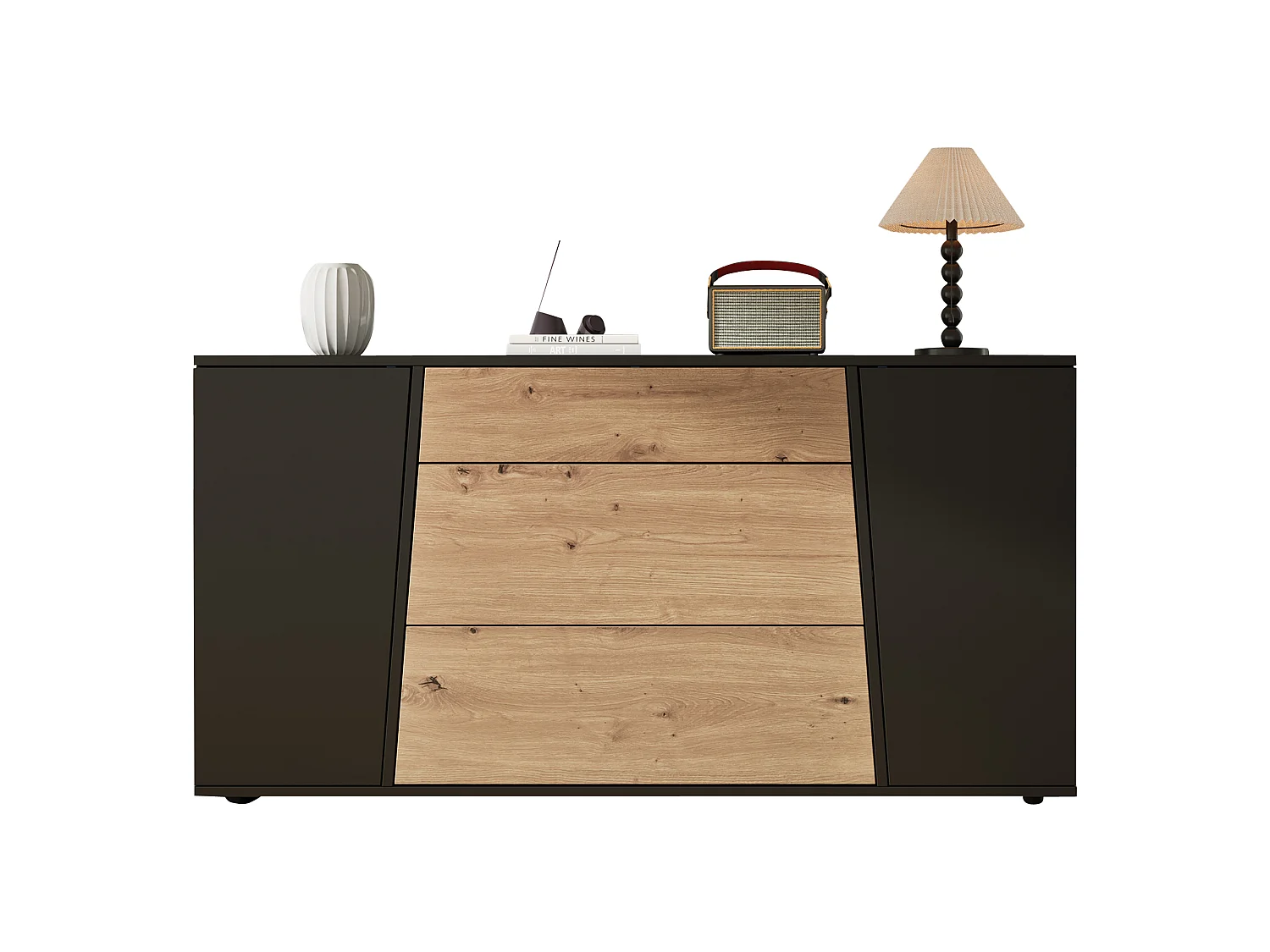 Buffet moderne 140 x 35 x 70 cm - Avec plateau - 3 tiroirs et 2 portes - Étagères réglables - MDF - Noir + Naturel