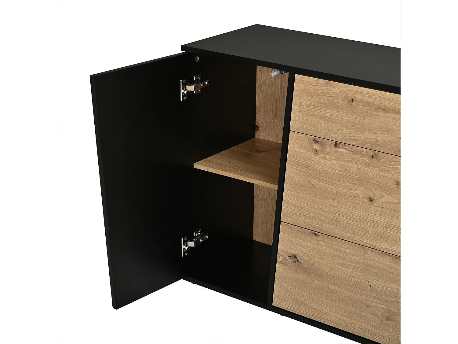 Buffet moderne 140 x 35 x 70 cm - Avec plateau - 3 tiroirs et 2 portes - Étagères réglables - MDF - Noir + Naturel