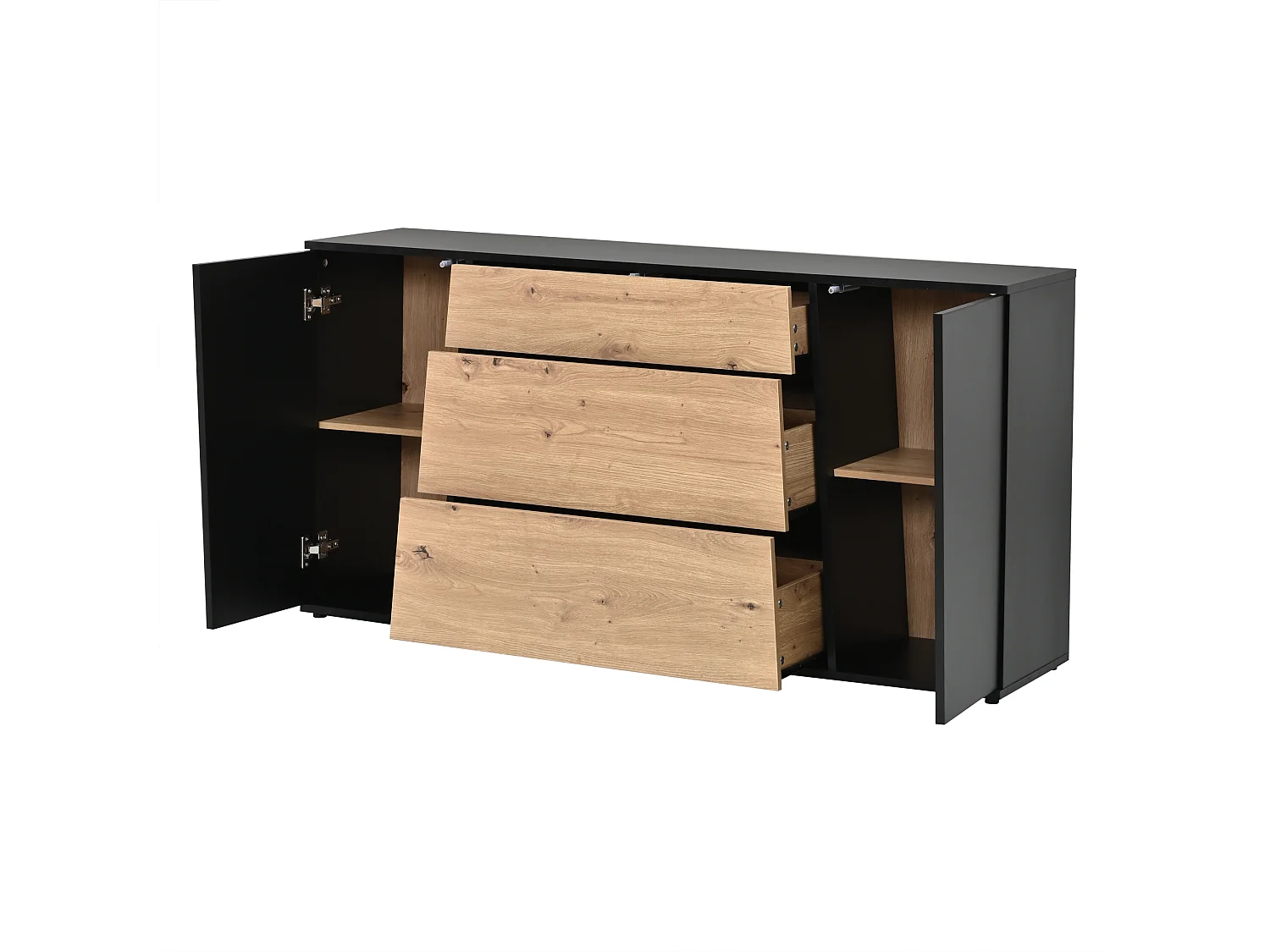 Buffet moderne 140 x 35 x 70 cm - Avec plateau - 3 tiroirs et 2 portes - Étagères réglables - MDF - Noir + Naturel
