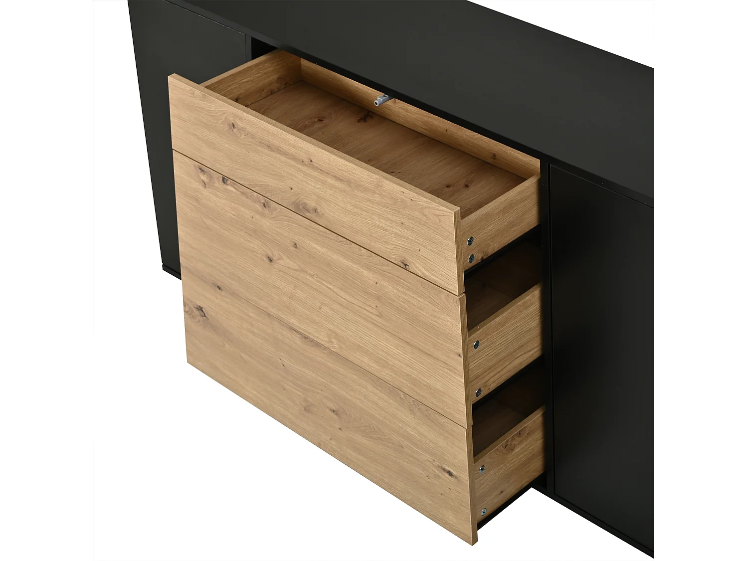 Buffet moderne 140 x 35 x 70 cm - Avec plateau - 3 tiroirs et 2 portes - Étagères réglables - MDF - Noir + Naturel
