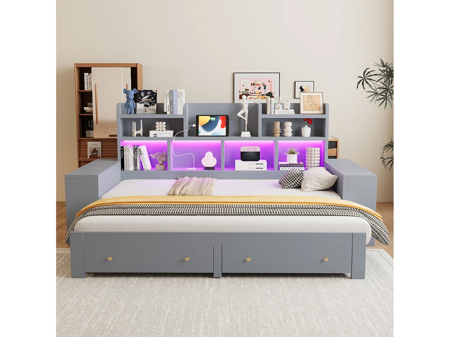 Canapé-lit en bois 180 × 200 cm - avec étagères - avec 2 tiroirs - avec prise électrique - avec éclairage LED - gris (matelas non inclus)
