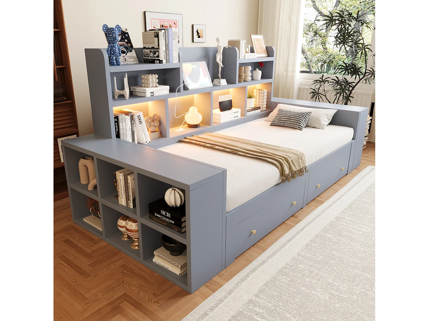 Canapé-lit en bois 180 × 200 cm - avec étagères - avec 2 tiroirs - avec prise électrique - avec éclairage LED - gris (matelas non inclus)