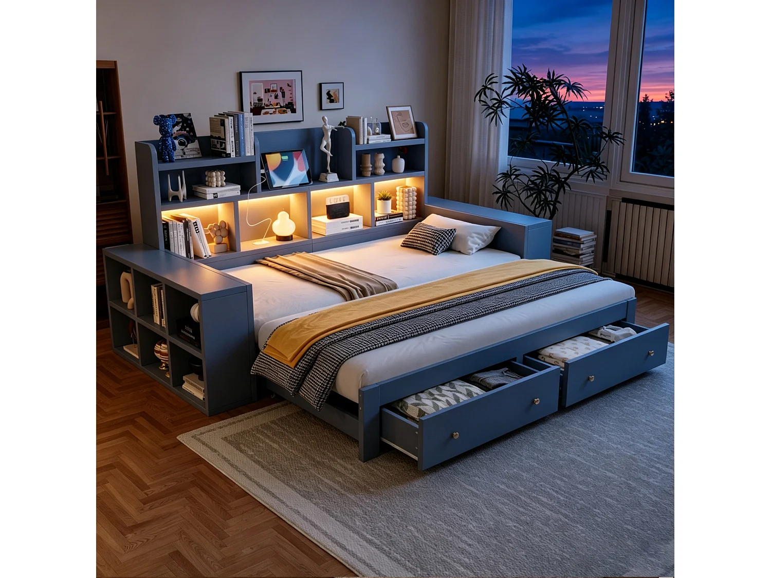 Canapé-lit en bois 180 × 200 cm - avec étagères - avec 2 tiroirs - avec prise électrique - avec éclairage LED - gris (matelas non inclus)