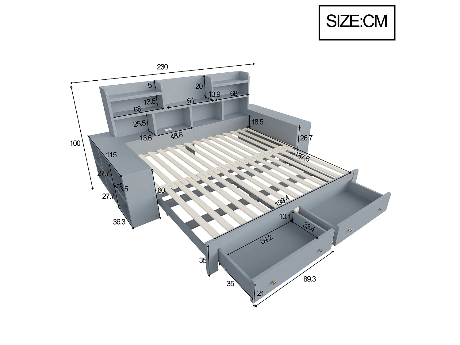 Canapé-lit en bois 180 × 200 cm - avec étagères - avec 2 tiroirs - avec prise électrique - avec éclairage LED - gris (matelas non inclus)