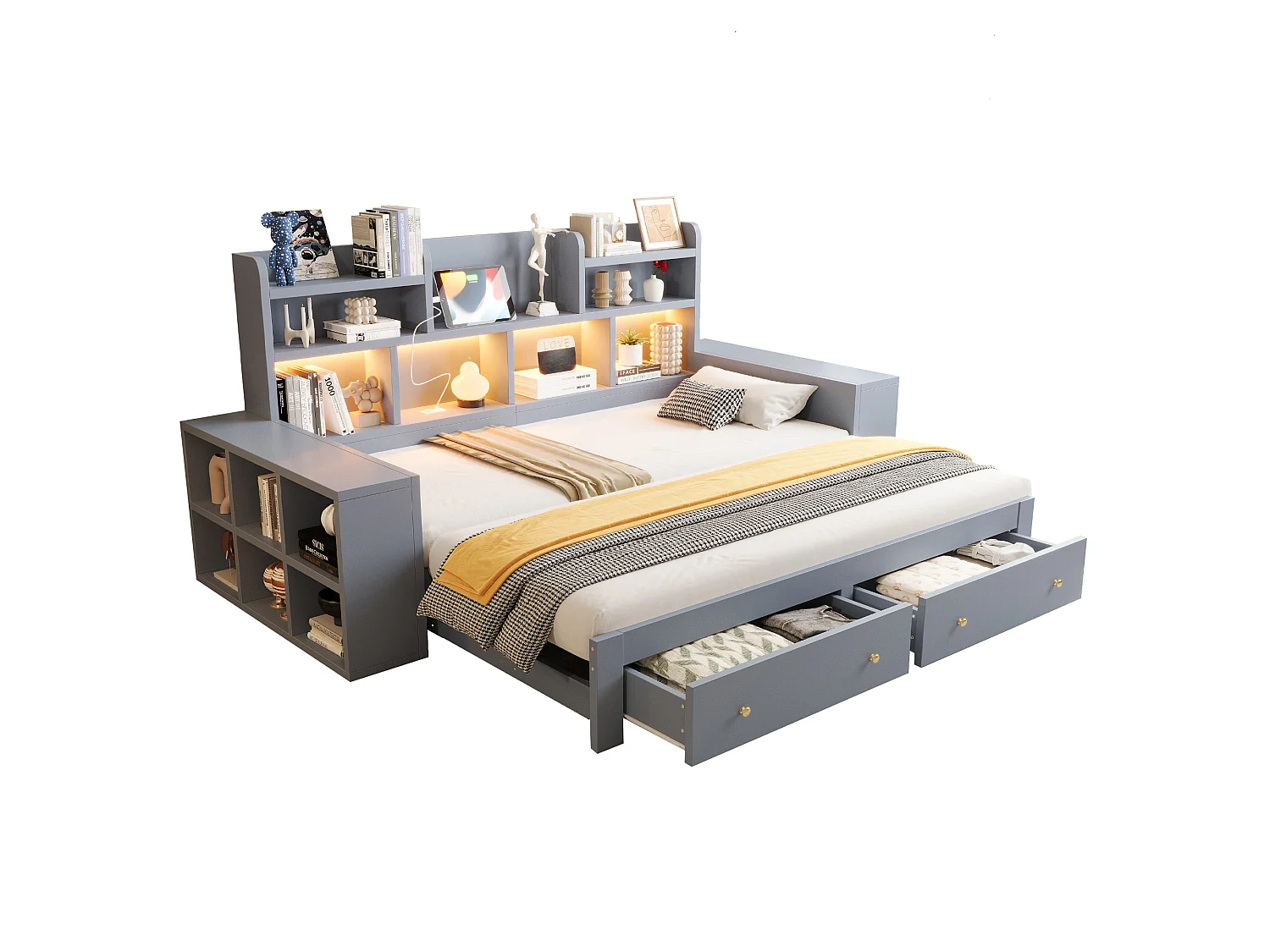 Canapé-lit en bois 180 × 200 cm - avec étagères - avec 2 tiroirs - avec prise électrique - avec éclairage LED - gris (matelas non inclus)