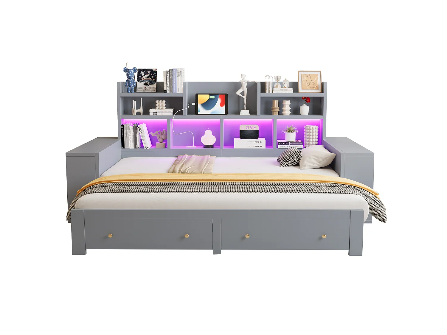 Canapé-lit en bois 180 × 200 cm - avec étagères - avec 2 tiroirs - avec prise électrique - avec éclairage LED - gris (matelas non inclus)