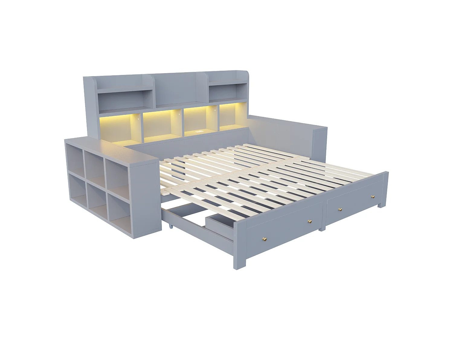 Canapé-lit en bois 180 × 200 cm - avec étagères - avec 2 tiroirs - avec prise électrique - avec éclairage LED - gris (matelas non inclus)