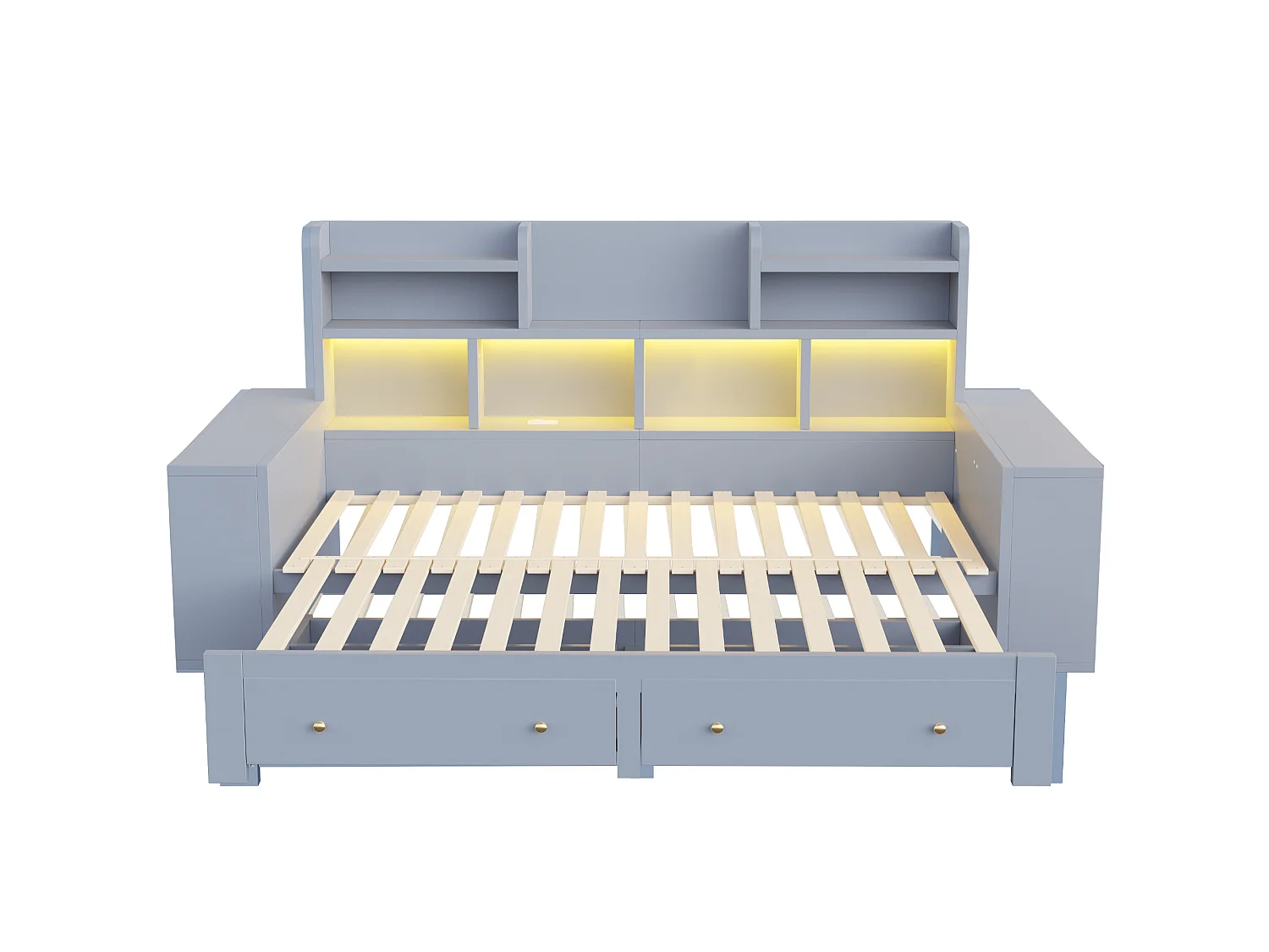 Canapé-lit en bois 180 × 200 cm - avec étagères - avec 2 tiroirs - avec prise électrique - avec éclairage LED - gris (matelas non inclus)