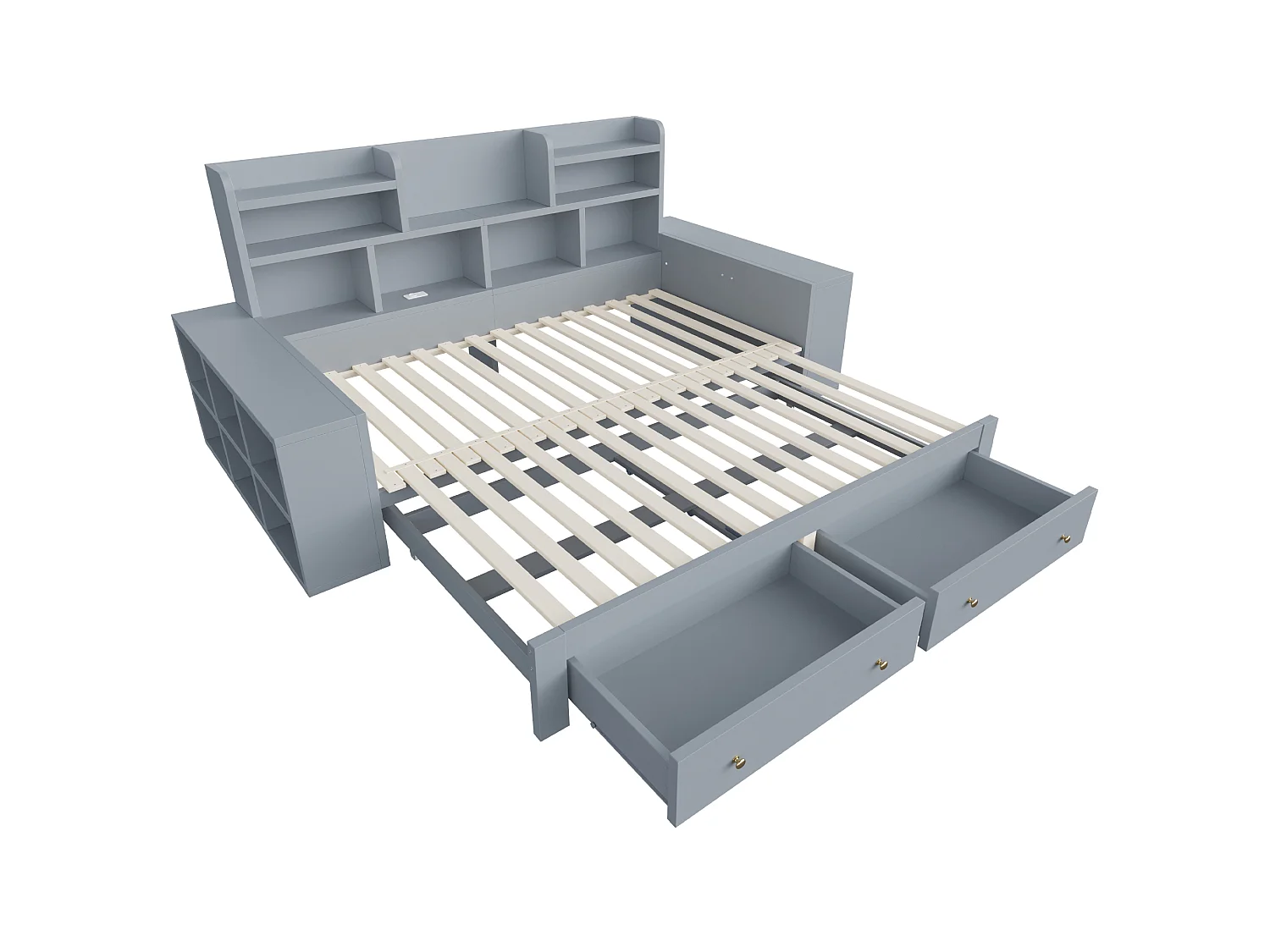 Canapé-lit en bois 180 × 200 cm - avec étagères - avec 2 tiroirs - avec prise électrique - avec éclairage LED - gris (matelas non inclus)