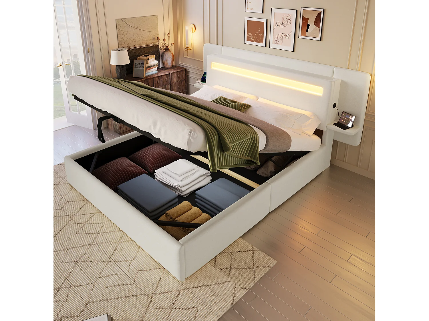 Opbergbed met gestoffeerd hoofdeinde 140 x 200 cm - met opbergruimte - nachtkastje, USB-poort en LED - MDF + linnen - Beige (zonder matras)