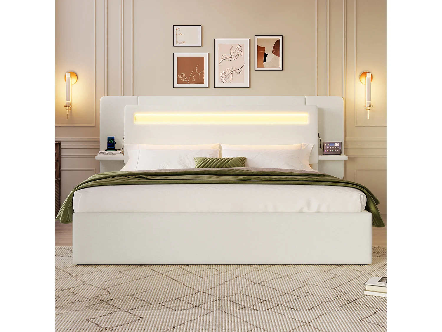 Opbergbed met gestoffeerd hoofdeinde 140 x 200 cm - met opbergruimte - nachtkastje, USB-poort en LED - MDF + linnen - Beige (zonder matras)