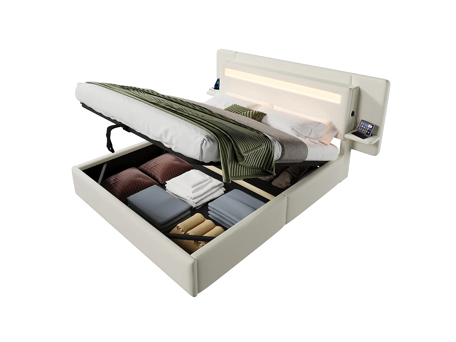 Opbergbed met gestoffeerd hoofdeinde 140 x 200 cm - met opbergruimte - nachtkastje, USB-poort en LED - MDF + linnen - Beige (zonder matras)