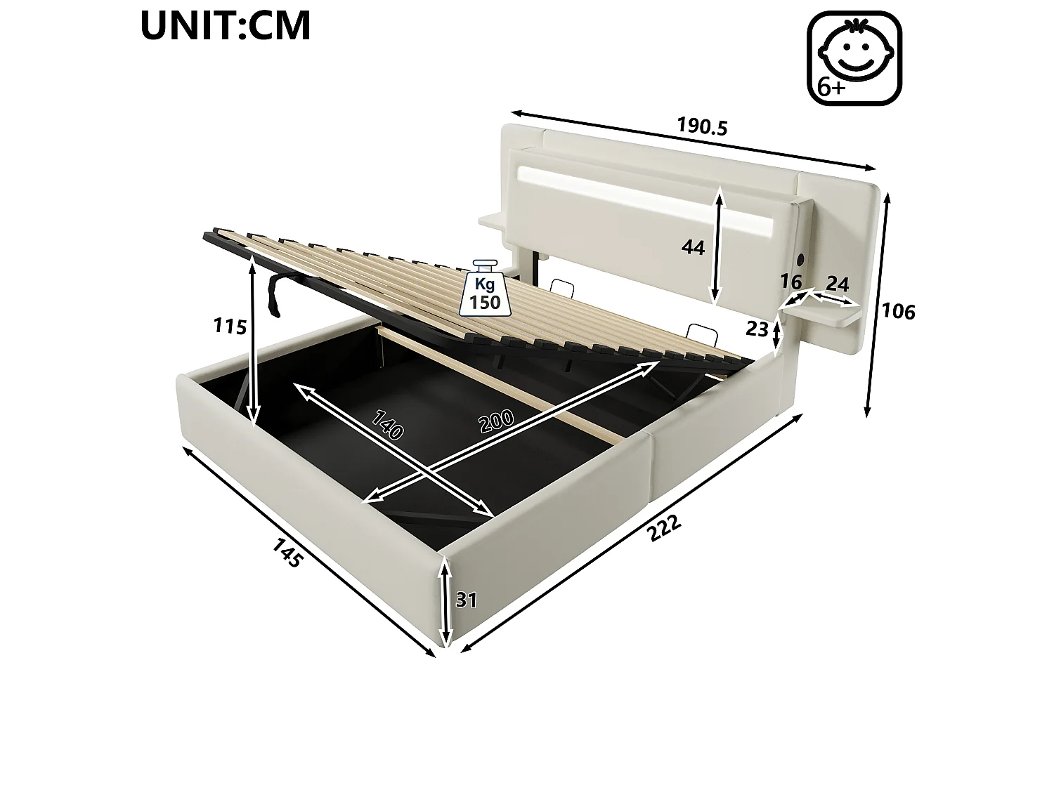 Opbergbed met gestoffeerd hoofdeinde 140 x 200 cm - met opbergruimte - nachtkastje, USB-poort en LED - MDF + linnen - Beige (zonder matras)