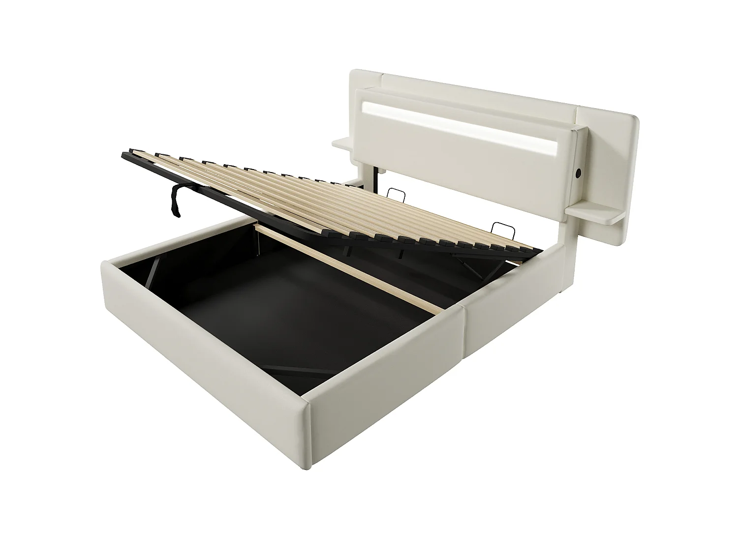 Opbergbed met gestoffeerd hoofdeinde 140 x 200 cm - met opbergruimte - nachtkastje, USB-poort en LED - MDF + linnen - Beige (zonder matras)