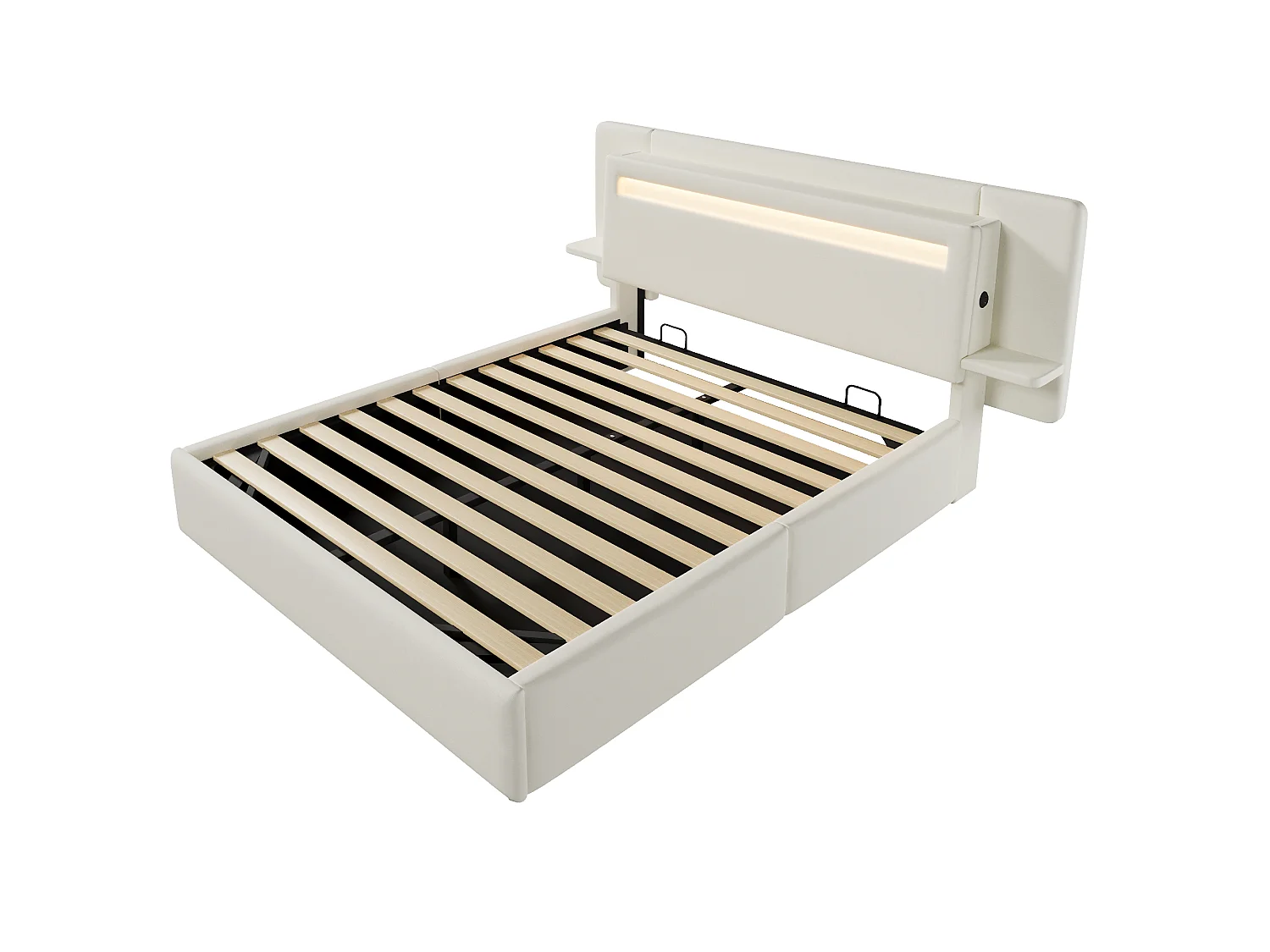 Opbergbed met gestoffeerd hoofdeinde 140 x 200 cm - met opbergruimte - nachtkastje, USB-poort en LED - MDF + linnen - Beige (zonder matras)