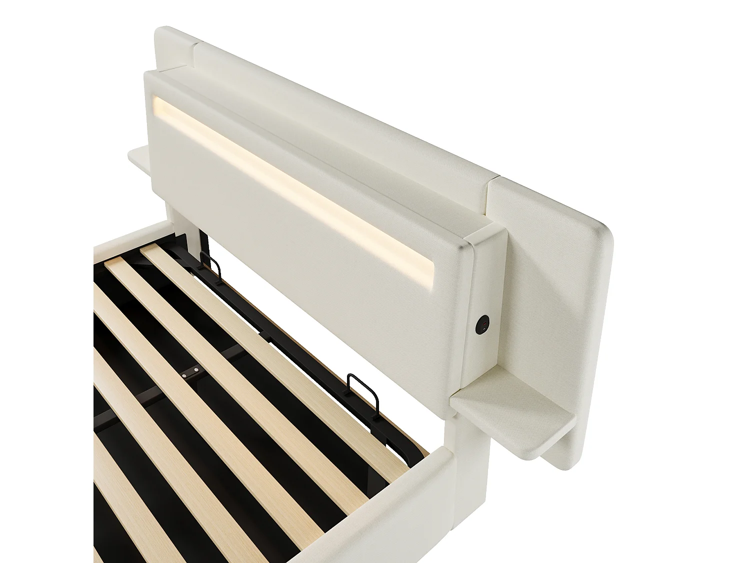 Opbergbed met gestoffeerd hoofdeinde 140 x 200 cm - met opbergruimte - nachtkastje, USB-poort en LED - MDF + linnen - Beige (zonder matras)