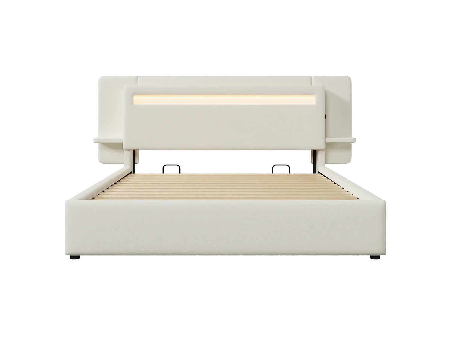 Opbergbed met gestoffeerd hoofdeinde 140 x 200 cm - met opbergruimte - nachtkastje, USB-poort en LED - MDF + linnen - Beige (zonder matras)
