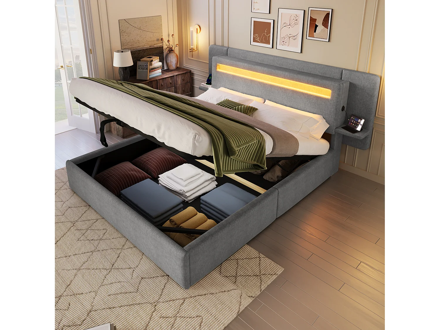 Opbergbed met gestoffeerd hoofdeinde 140 x 200 cm - met opbergruimte - nachtkastje, USB-poort en LED - MDF + linnen - Grijs (zonder matras)