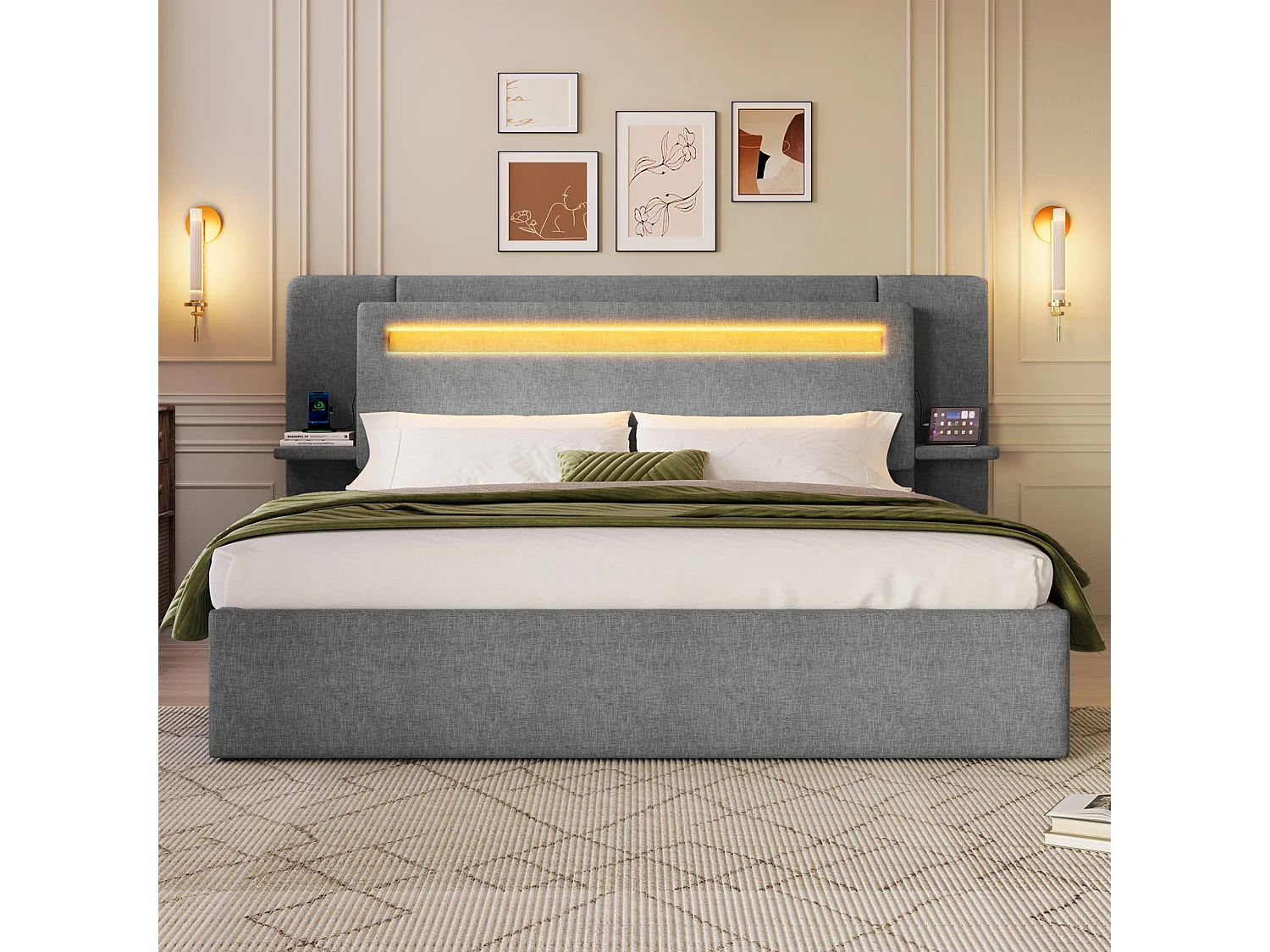Opbergbed met gestoffeerd hoofdeinde 140 x 200 cm - met opbergruimte - nachtkastje, USB-poort en LED - MDF + linnen - Grijs (zonder matras)