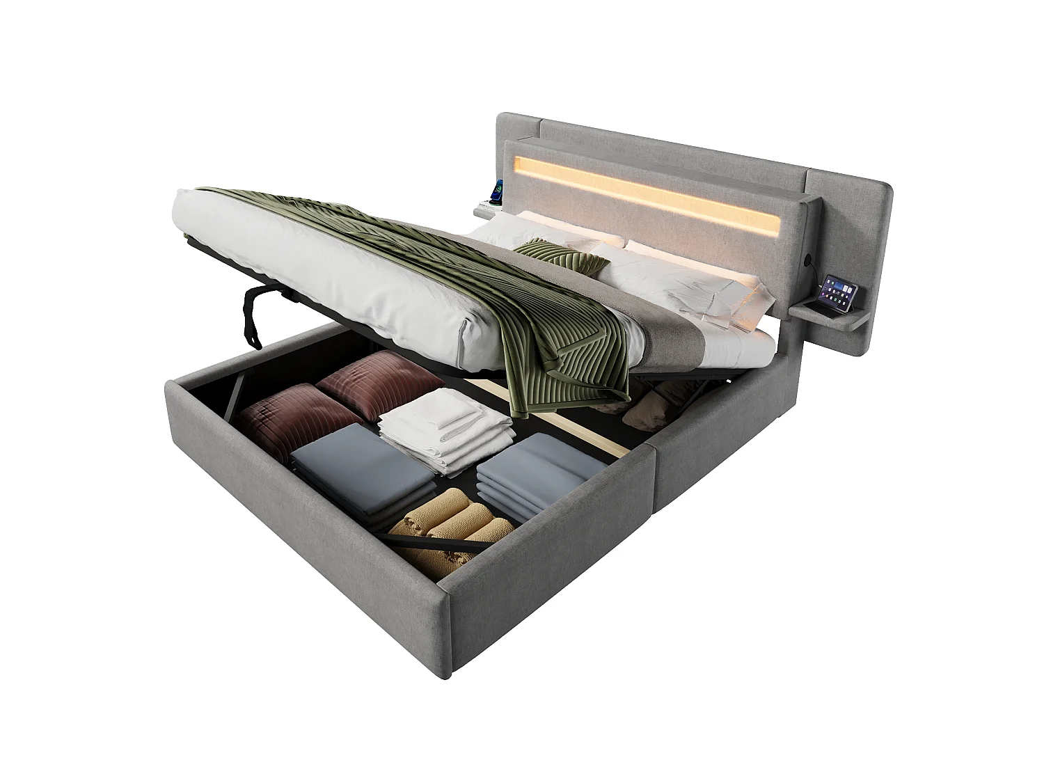 Opbergbed met gestoffeerd hoofdeinde 140 x 200 cm - met opbergruimte - nachtkastje, USB-poort en LED - MDF + linnen - Grijs (zonder matras)