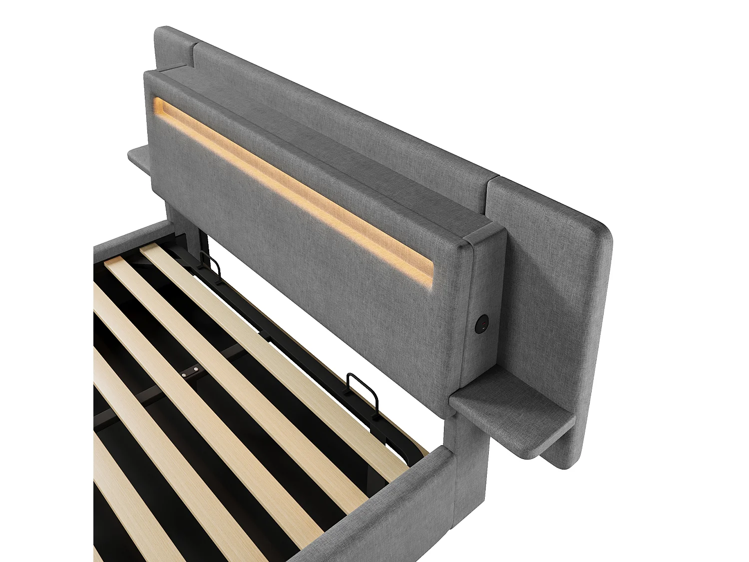 Opbergbed met gestoffeerd hoofdeinde 140 x 200 cm - met opbergruimte - nachtkastje, USB-poort en LED - MDF + linnen - Grijs (zonder matras)