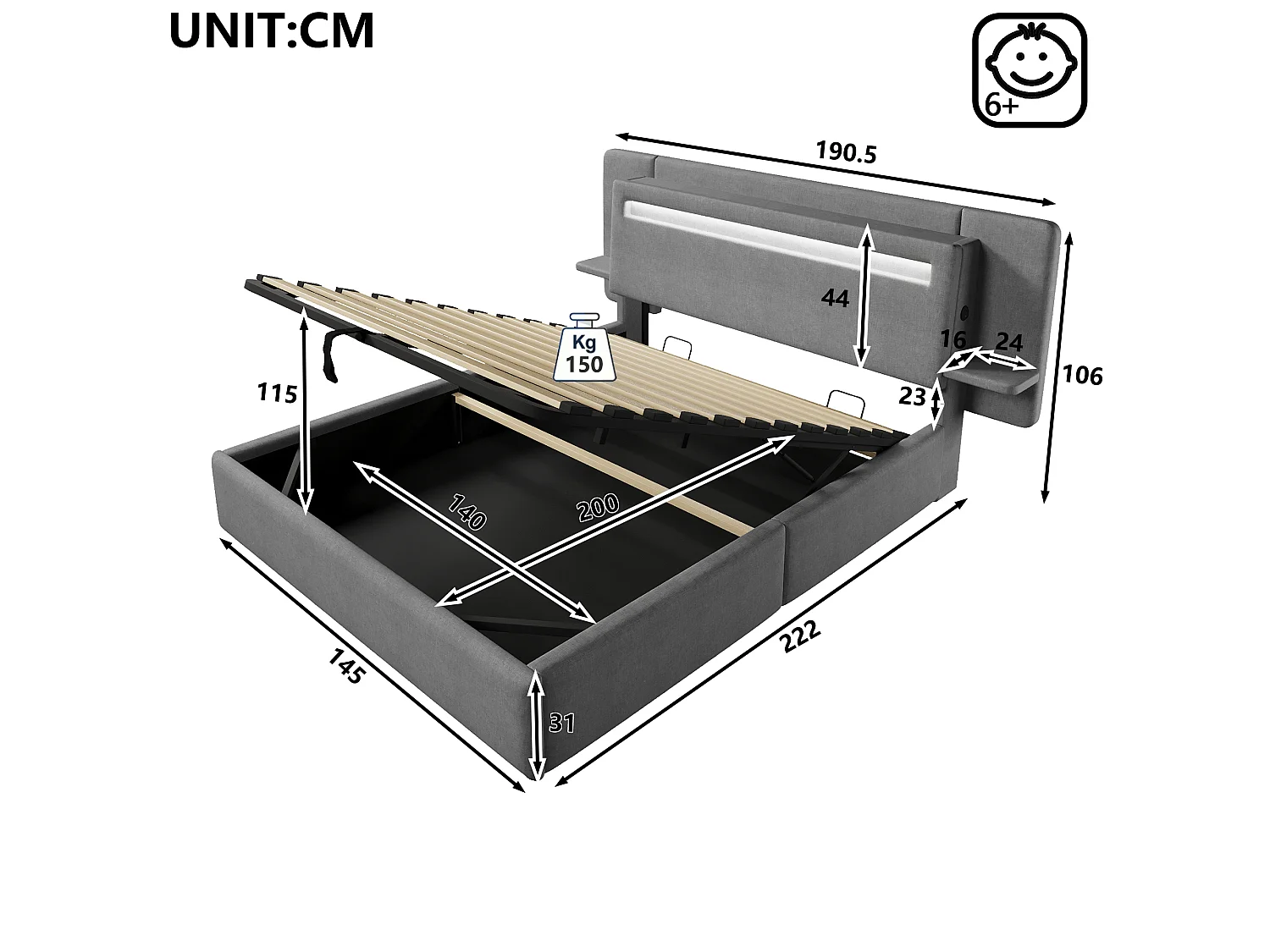 Opbergbed met gestoffeerd hoofdeinde 140 x 200 cm - met opbergruimte - nachtkastje, USB-poort en LED - MDF + linnen - Grijs (zonder matras)