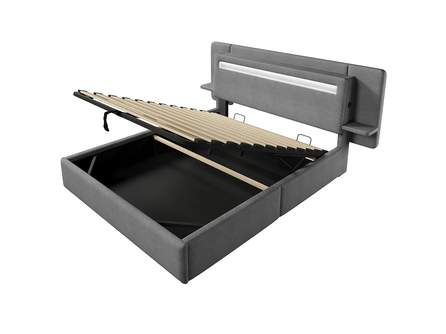Opbergbed met gestoffeerd hoofdeinde 140 x 200 cm - met opbergruimte - nachtkastje, USB-poort en LED - MDF + linnen - Grijs (zonder matras)