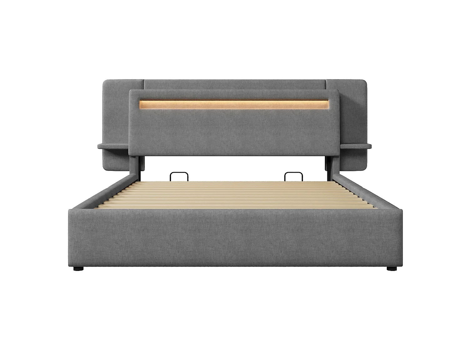 Opbergbed met gestoffeerd hoofdeinde 140 x 200 cm - met opbergruimte - nachtkastje, USB-poort en LED - MDF + linnen - Grijs (zonder matras)