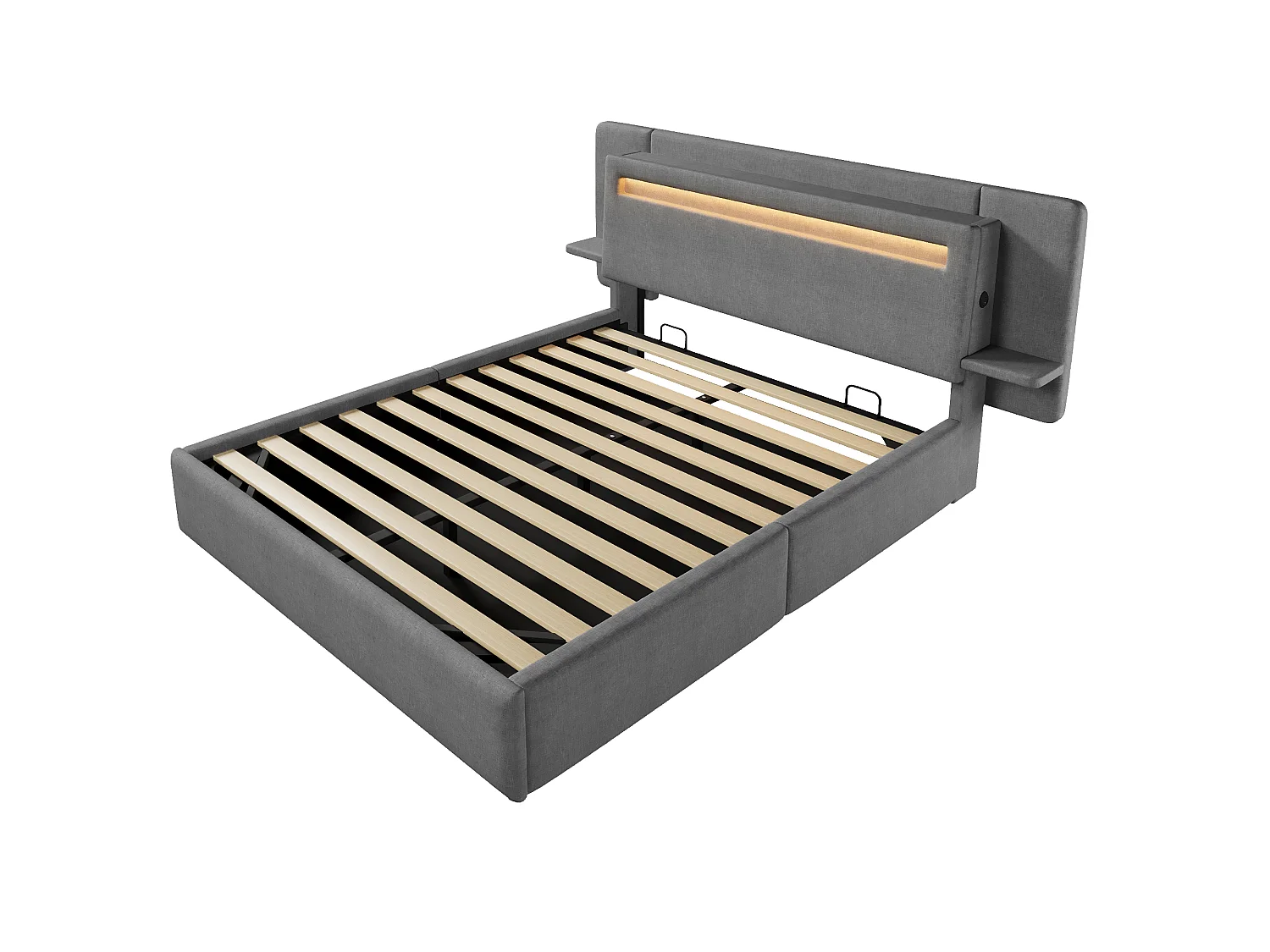 Opbergbed met gestoffeerd hoofdeinde 140 x 200 cm - met opbergruimte - nachtkastje, USB-poort en LED - MDF + linnen - Grijs (zonder matras)