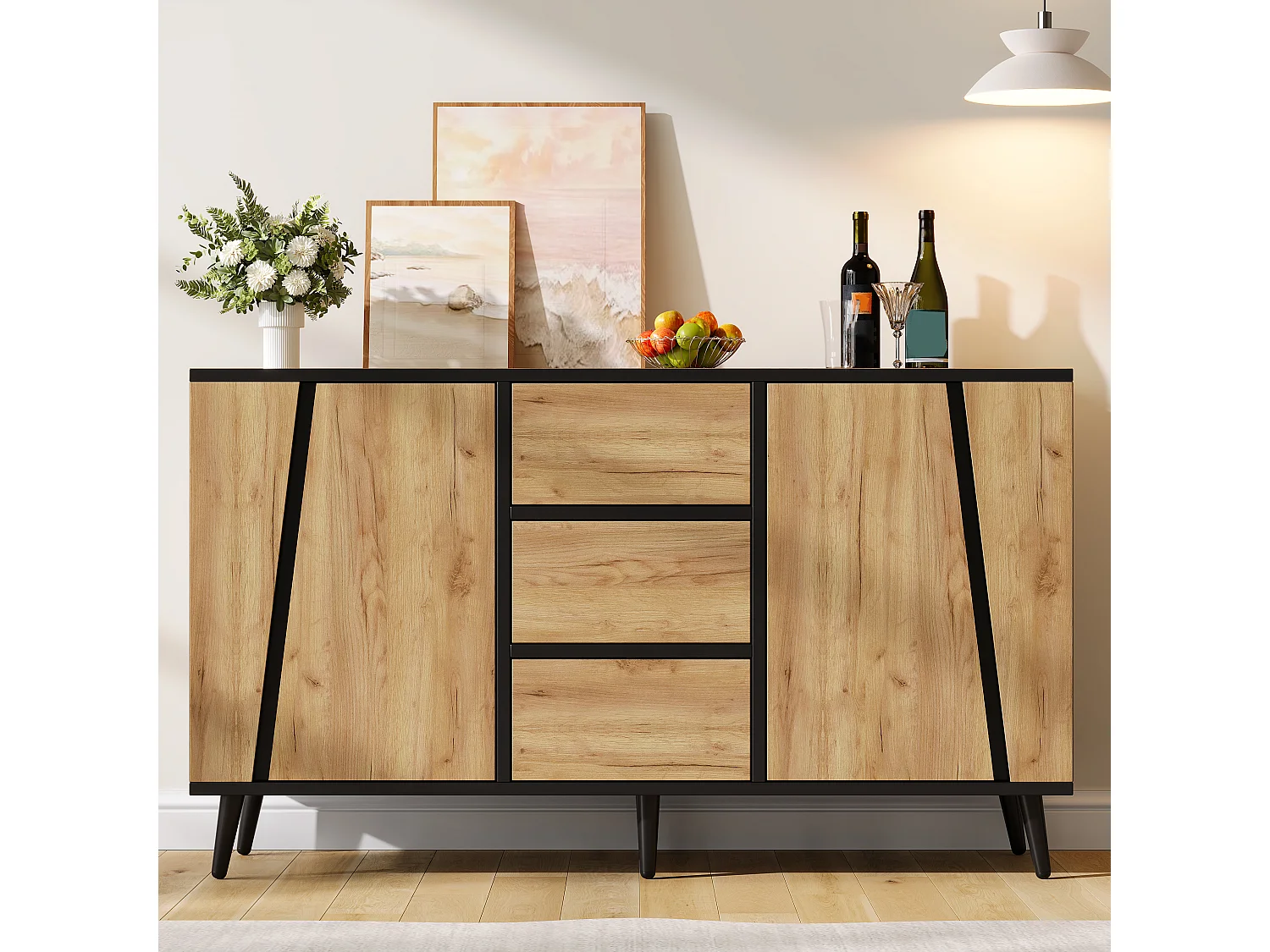 Buffet moderne 120x40x70 cm - Meuble de rangement avec 2 portes et 3 tiroirs - Pieds réglables - MDF - Bois naturel + Noir