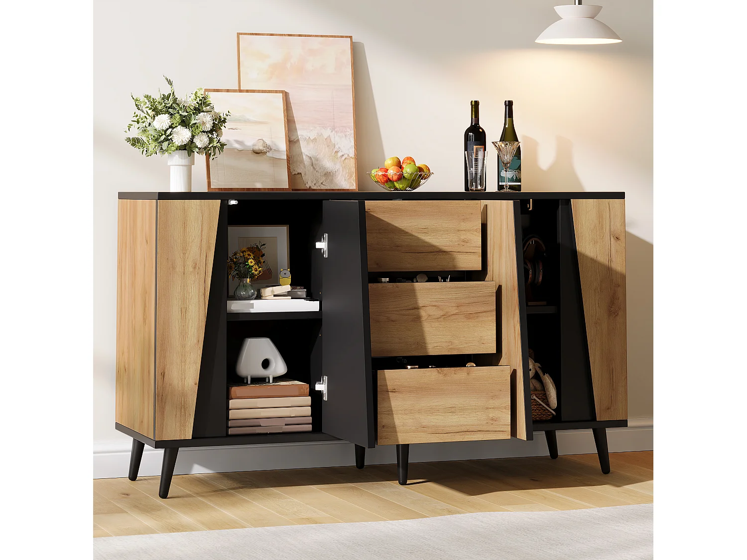 Buffet moderne 120x40x70 cm - Meuble de rangement avec 2 portes et 3 tiroirs - Pieds réglables - MDF - Bois naturel + Noir