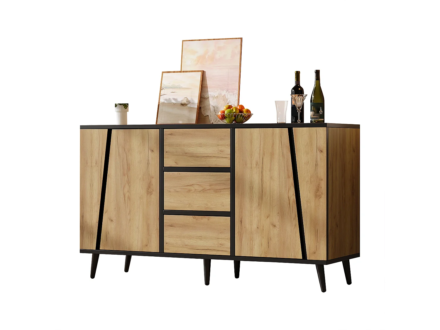 Buffet moderne 120x40x70 cm - Meuble de rangement avec 2 portes et 3 tiroirs - Pieds réglables - MDF - Bois naturel + Noir