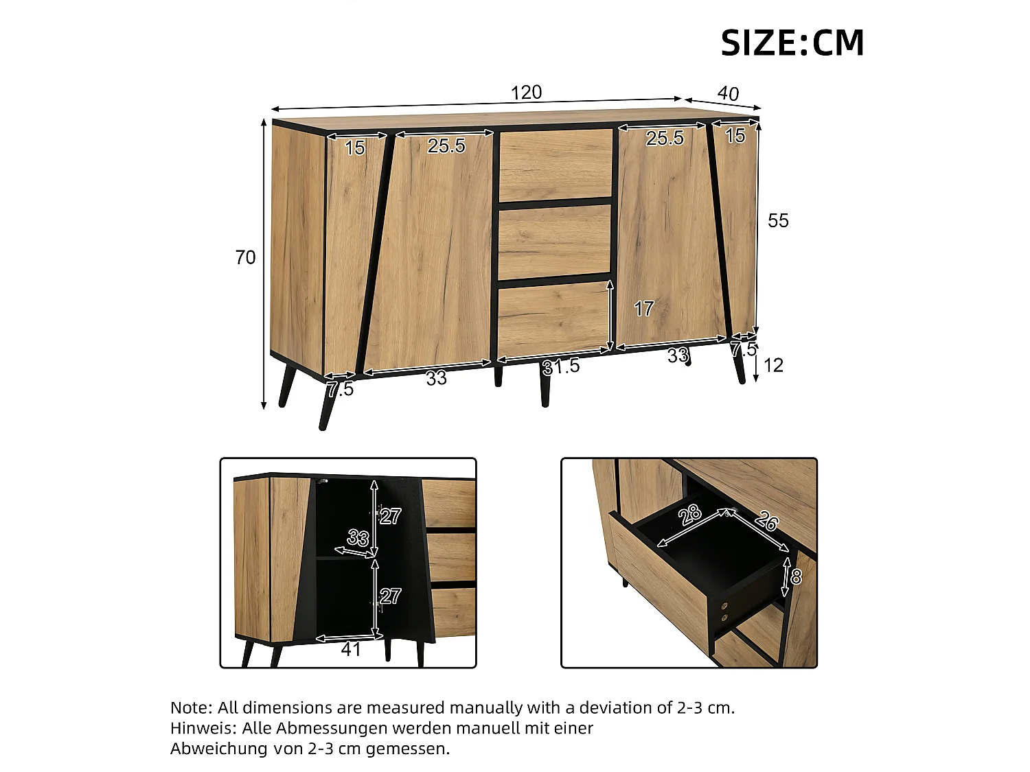 Buffet moderne 120x40x70 cm - Meuble de rangement avec 2 portes et 3 tiroirs - Pieds réglables - MDF - Bois naturel + Noir