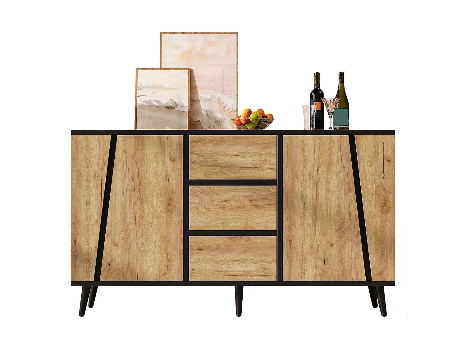 Buffet moderne 120x40x70 cm - Meuble de rangement avec 2 portes et 3 tiroirs - Pieds réglables - MDF - Bois naturel + Noir