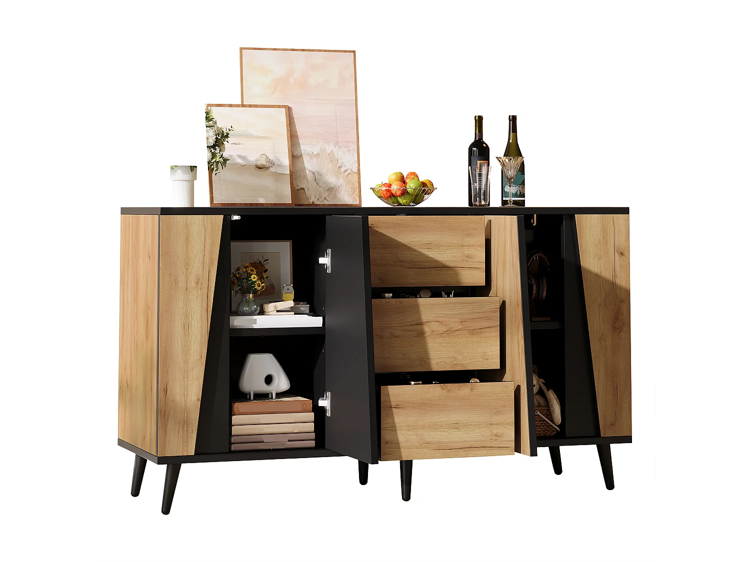 Buffet moderne 120x40x70 cm - Meuble de rangement avec 2 portes et 3 tiroirs - Pieds réglables - MDF - Bois naturel + Noir