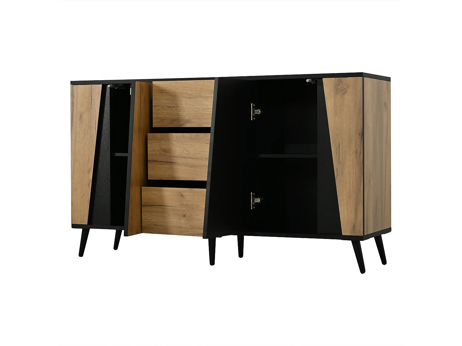 Buffet moderne 120x40x70 cm - Meuble de rangement avec 2 portes et 3 tiroirs - Pieds réglables - MDF - Bois naturel + Noir