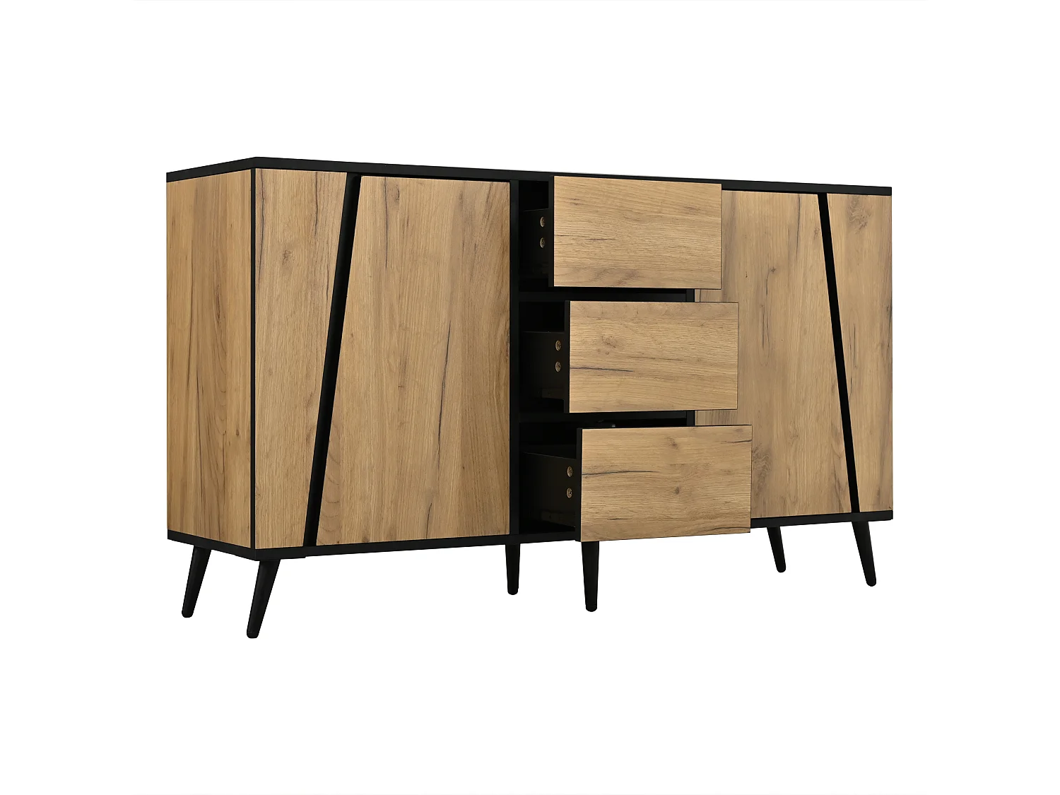 Buffet moderne 120x40x70 cm - Meuble de rangement avec 2 portes et 3 tiroirs - Pieds réglables - MDF - Bois naturel + Noir