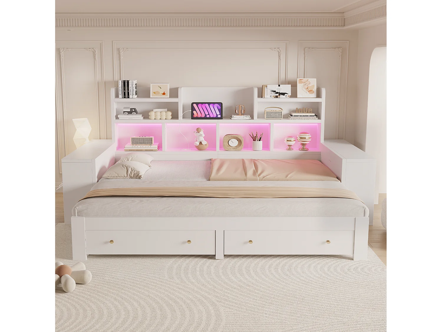 Canapébed van hout 180 × 200 cm - met planken - met 2 laden - met elektrisch stopcontact - met LED-verlichting - wit (matras niet inbegrepen)