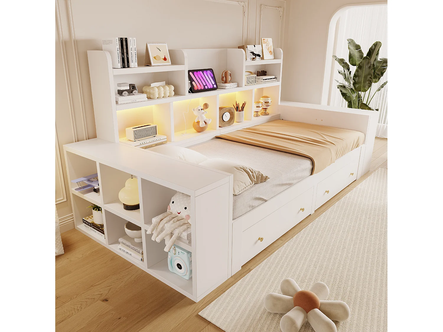 Canapébed van hout 180 × 200 cm - met planken - met 2 laden - met elektrisch stopcontact - met LED-verlichting - wit (matras niet inbegrepen)