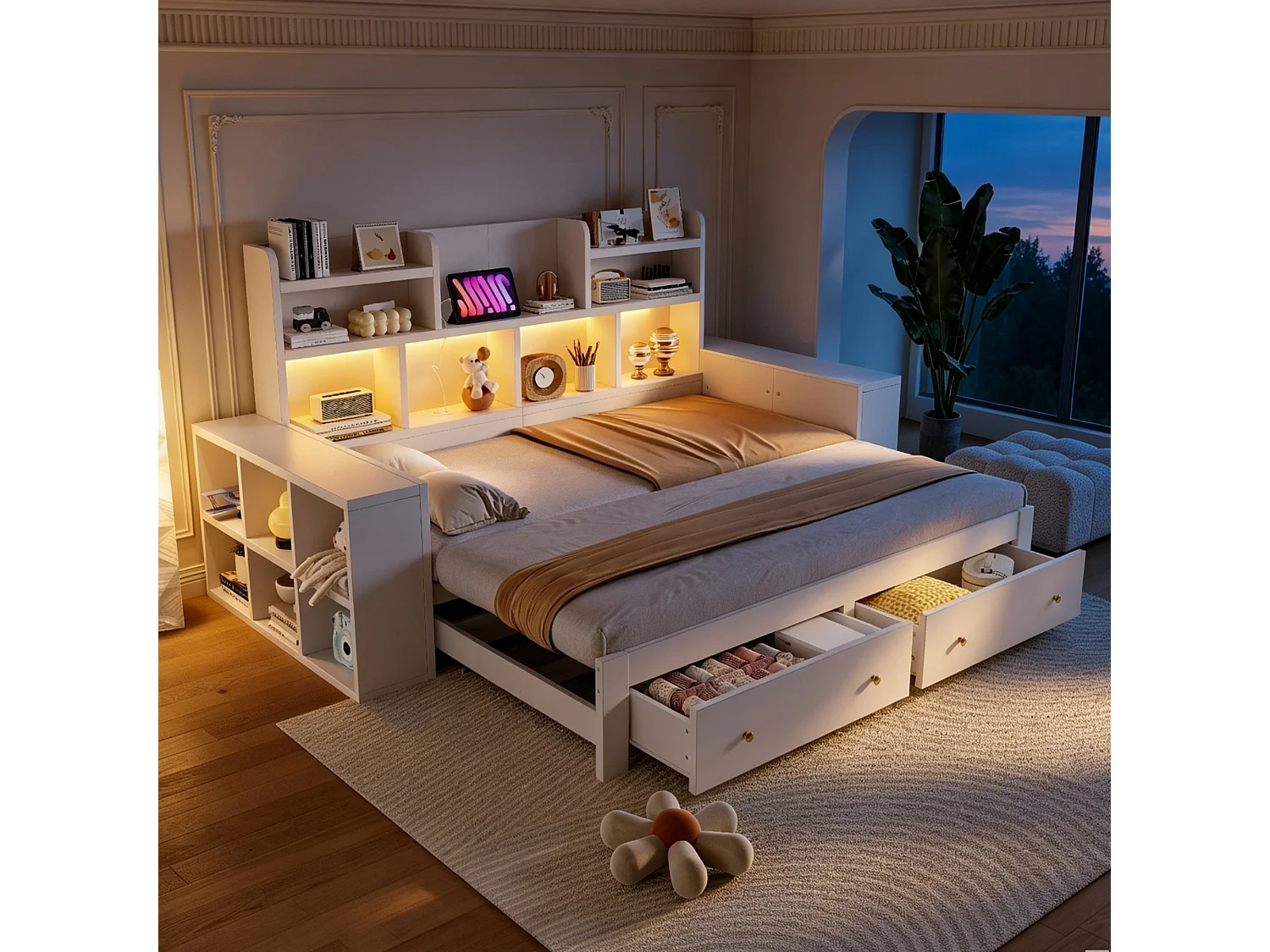Canapébed van hout 180 × 200 cm - met planken - met 2 laden - met elektrisch stopcontact - met LED-verlichting - wit (matras niet inbegrepen)