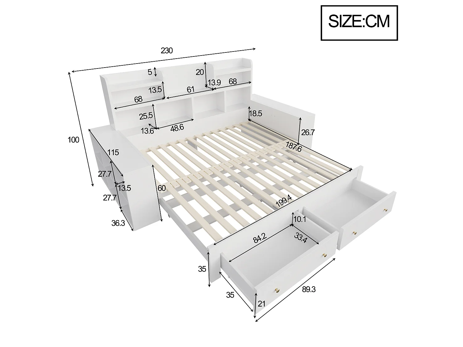 Canapébed van hout 180 × 200 cm - met planken - met 2 laden - met elektrisch stopcontact - met LED-verlichting - wit (matras niet inbegrepen)