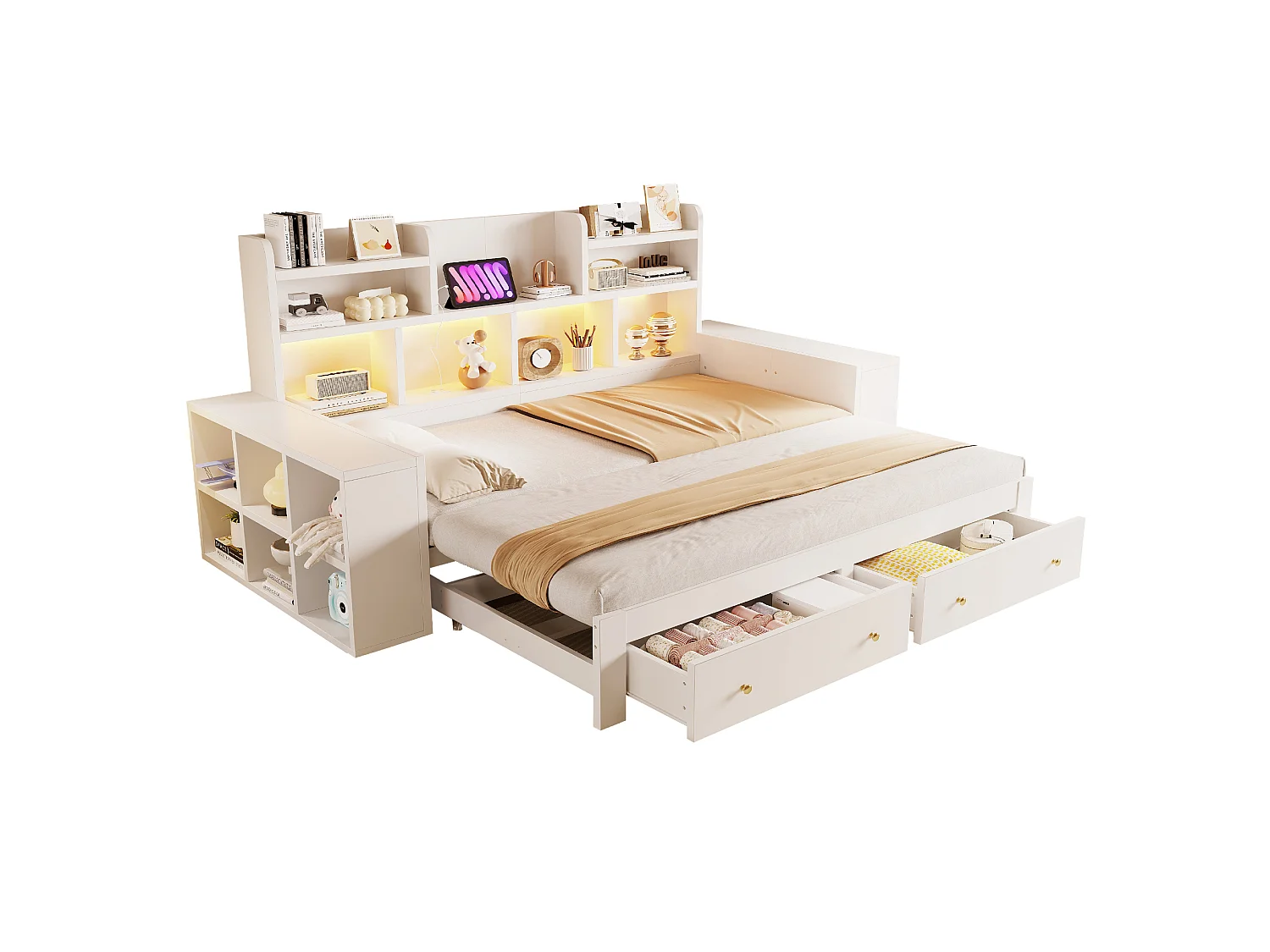 Canapébed van hout 180 × 200 cm - met planken - met 2 laden - met elektrisch stopcontact - met LED-verlichting - wit (matras niet inbegrepen)