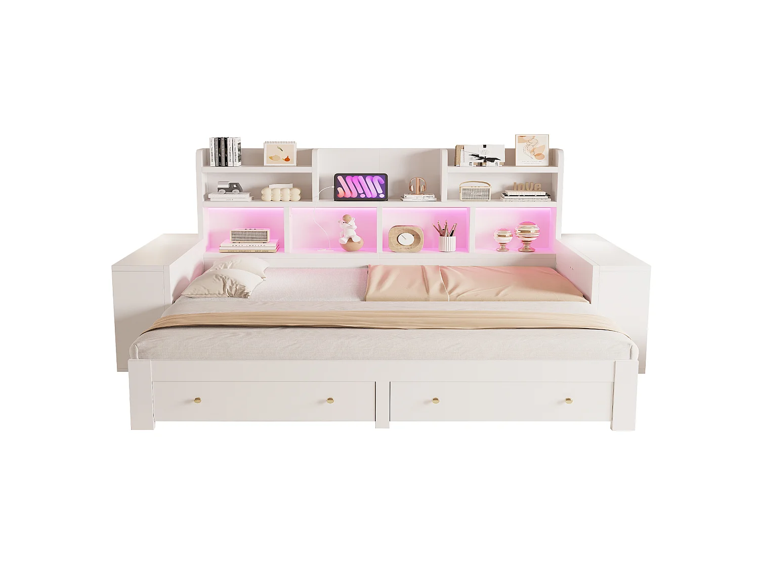 Canapébed van hout 180 × 200 cm - met planken - met 2 laden - met elektrisch stopcontact - met LED-verlichting - wit (matras niet inbegrepen)