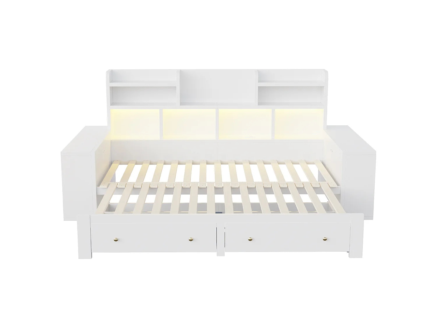 Canapébed van hout 180 × 200 cm - met planken - met 2 laden - met elektrisch stopcontact - met LED-verlichting - wit (matras niet inbegrepen)