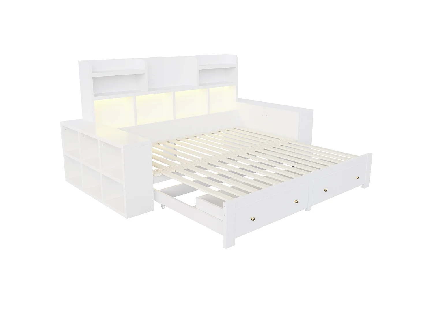 Canapébed van hout 180 × 200 cm - met planken - met 2 laden - met elektrisch stopcontact - met LED-verlichting - wit (matras niet inbegrepen)
