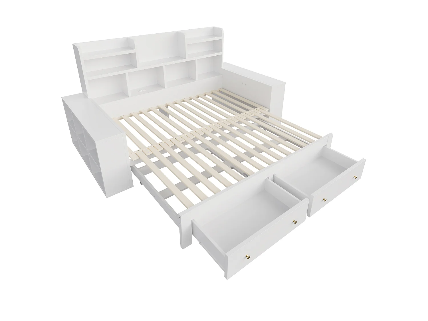 Canapébed van hout 180 × 200 cm - met planken - met 2 laden - met elektrisch stopcontact - met LED-verlichting - wit (matras niet inbegrepen)